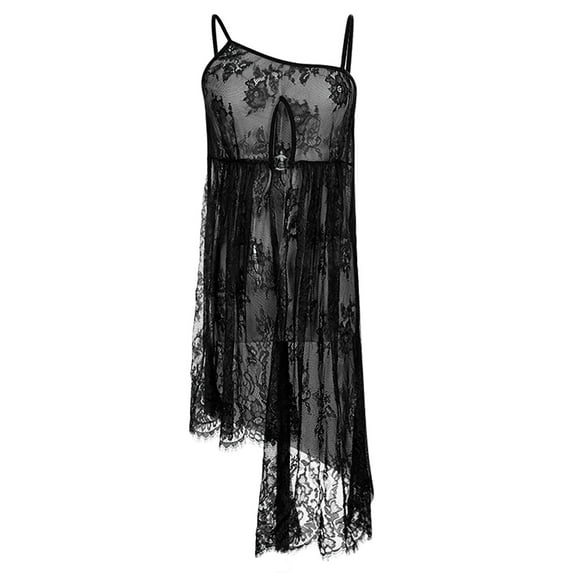 Lilgiuy Charming Women Pajamas Lace Round Neck Tulle Hollowed Out Split Skirt Charming Pajamas for Special Night