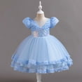 thumbnail image 1 of Lilgiuy Children Wedding Dress Glitter Netting Princess Dress Girl Short Sleeve Puffy Gown Dress Outwear (Blue,3-4 Years), 1 of 5