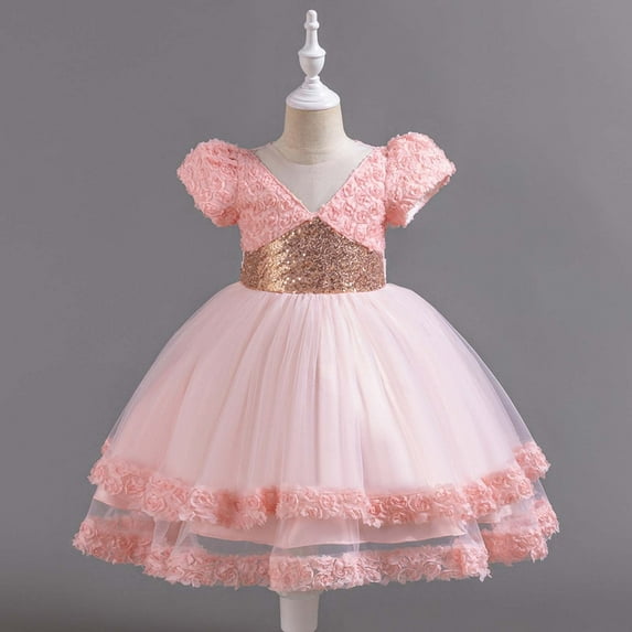 Lilgiuy Children Wedding Dress Glitter Netting Princess Dress Girl Short Sleeve Puffy Gown Dress Play Wear (Pink,5-6 Years)