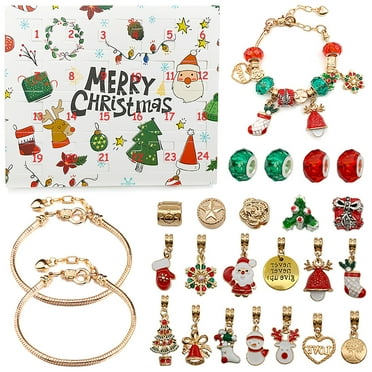 Lilgiuy Christmas Advent Calendar Bracelets, 24 Days Xmas Countdown Calendar DIY Jewelry Making Kit with 4 Colored Beads, 5 Large Hole Beads, 13 Pendants, 2 Bracelet Gifts for Christmas Birthday