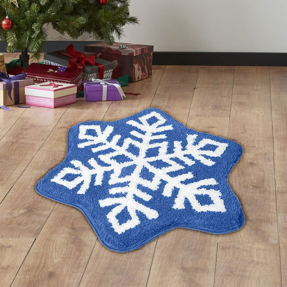 Lilgiuy Christmas Bath Rugs for Bathroom, Dark Blue Snowflake Shape Bathroom Rug, Soft and Absorbent Bath Mats, Non-Slip Rug for Shower Bath and Bedroom,Christmas Decoration Gifts(15.75 Inches)