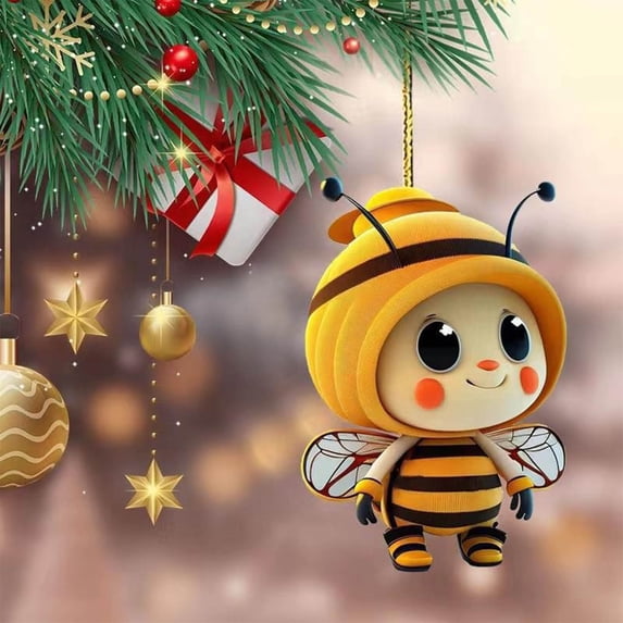Lilgiuy Christmas Bee Hanging Ornament, 2D Acrylic Cartoon Bee Decorative Ornament Xmas Tree Bee Pendant for Christmas Tree Decorations Car Backpacks Home Decor Gifts