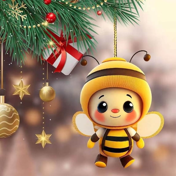 Lilgiuy Christmas Bee Hanging Ornament, 2D Acrylic Cartoon Bee Decorative Ornament Xmas Tree Bee Pendant for Christmas Tree Decorations Car Backpacks Home Decor Gifts