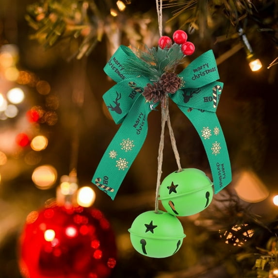 Lilgiuy Christmas Bell Hanging Ornaments 9.84" Large Rustic Metal Bell Decoration Xmas Hanging Decorative Bell with Bow and Pine Cone for Christmas Wreath Tree Door Decor (Green)