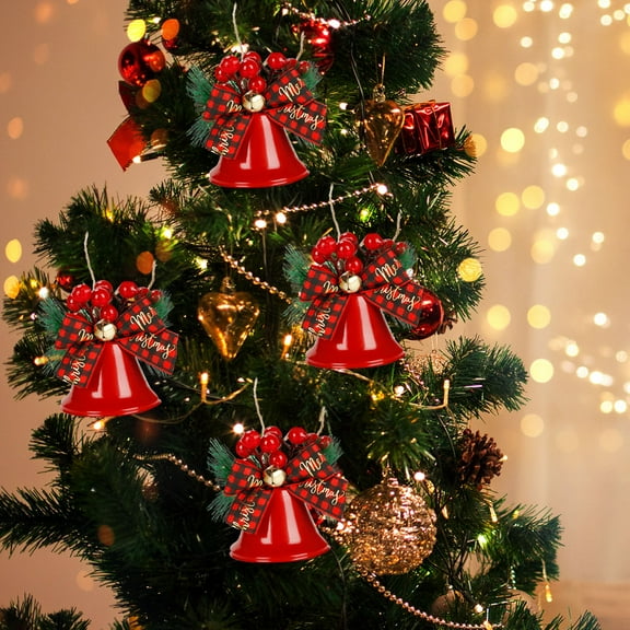 Lilgiuy Christmas Bell Ornaments, Rustic Christmas Hanging Decor Bells, Xmas Tree Hanging Decorations Bells with Berry and Bow for Crafts Holiday Party Favors Supplies, 2.6×4.7in(Red)