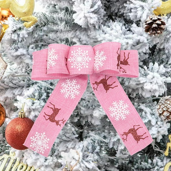Lilgiuy Christmas Bows for Wreath, Large Christmas Wreath Bow Pink Jute Bows Xmas Snowflake Deer Craft Bows Ornaments for Front Door New Year Christmas Party Decoration Supplies, 7.87x7.87in