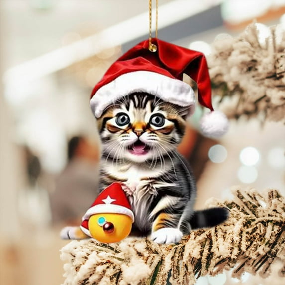 Lilgiuy Christmas Decorations Gift, Cat Ornament Acrylic Pendants, Christmas Tree Decor Cat with Hat, Home Decor for Fireplaces, Window, Doors, Walls