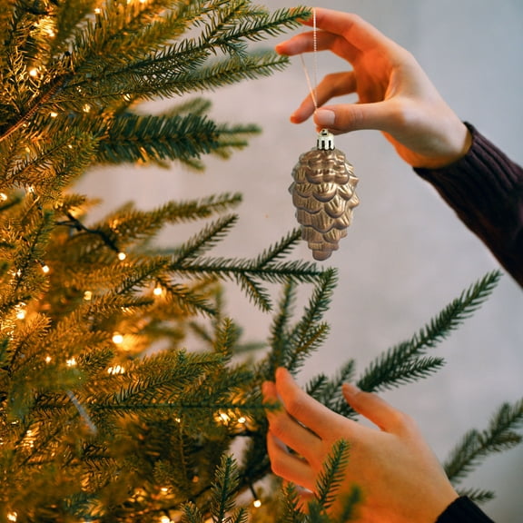 Lilgiuy Christmas Hanging Pine Cone Decorations, 2024 New 8pcs Glitter Pinecone Hanging Ornaments Shatterproof Decorative Baubles for Xmas Tree House Holiday Party Decor, Coffee