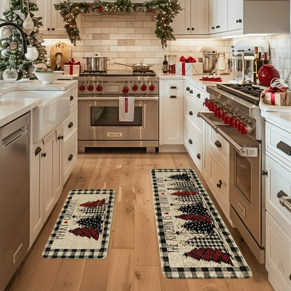 Lilgiuy Christmas Kitchen Mats, Vintage Kitchen Rugs Set of 2 Christmas Kitchen Runner Rugs Christmas Tree Decorations for Floor, Bathroom, Living Room, Doorway, 16x24in+16x48in
