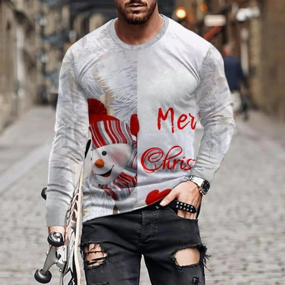 Lilgiuy Christmas Men Round Neck Casual Printed Casual Long Sleeve Blouse Tops Regular Fit
