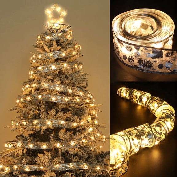 Lilgiuy Christmas Ribbon Lights, 16.4ft 50 LED Silver Ribbon Lights Battery Powered Double Layer Copper Wire Ribbon Bows Strings Lights for Weddings New Year Christmas Tree Decorations