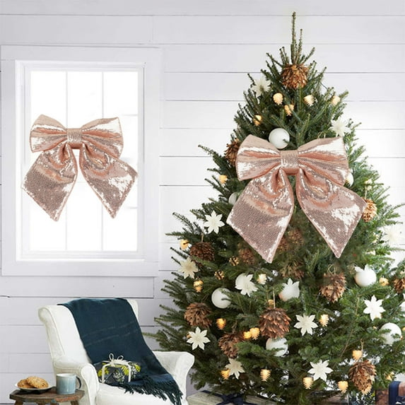 Lilgiuy Christmas Sequined Bows 9.84 Inch Rustic Wreath Gift Bows Vintage Xmas Glitter Bow Holiday Hanging Ornaments for Christmas Tree Garland DIY Craft Wrapping Decor (Rose Gold)