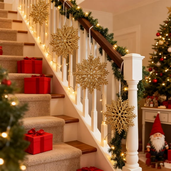 Lilgiuy Christmas Snowflake Hanging Decorations, Winter Gold Hollow Plastic Snowflake for Christmas Holiday Scene New Year Party Home Decorations, 5.11in