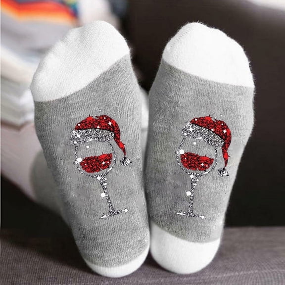 Lilgiuy Christmas Socks for Men and Women Winter Cotton Red Wine Cup Print Mid Tube Socks Ins Fashion Colored Breathable Socks