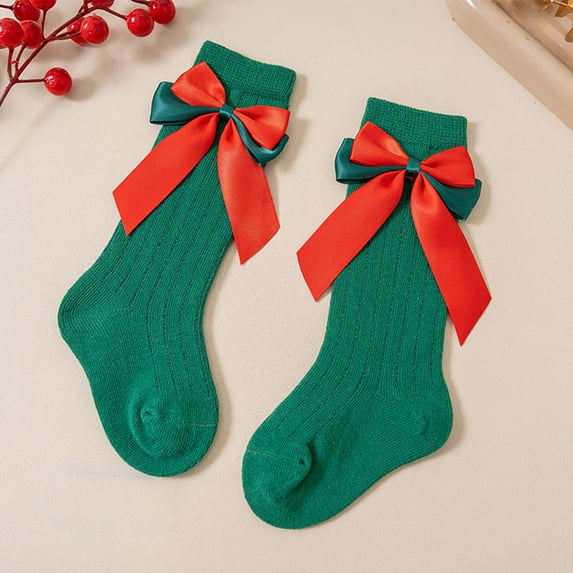 Lilgiuy Christmas Socks for Newborn Infants Girls Tube Ruffled Long Stockings with Bow Knot Toddlers Warm School (Army Green, 2-4 Years)