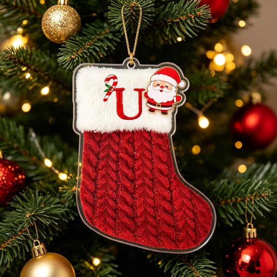Lilgiuy Christmas Stockings Shape Hanging Sign, 3.15" Red White Monogram Letter Xmas Stocking Pendants for Fireplace Party Tree Family Holiday Decorations (U)