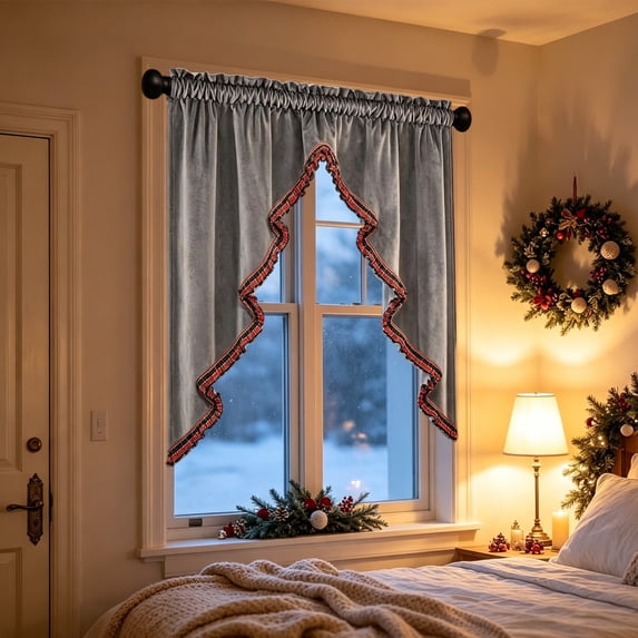 Lilgiuy Christmas Tree Shape Swag Valance, Kitchen Curtains, Rod Pocket Valance Curtain Panels for Bedroom Living Room Bathroom Cafe , 39.3"×23.62", Gray