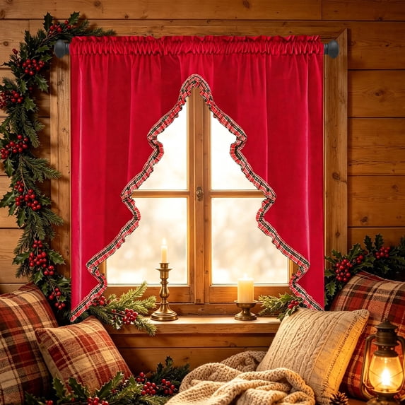 Lilgiuy Christmas Tree Shape Swag Valance, Kitchen Curtains, Rod Pocket Valance Curtain Panels for Bedroom Living Room Bathroom Cafe , 39.3"×23.62", Red