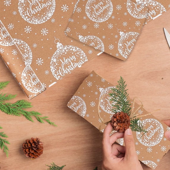 Lilgiuy Christmas Wrapping Paper, Large Size Roll Versatile Kraft Paper, Khaki Christmas Design for Holiday Gift Wrap, 16.93x118.11 in