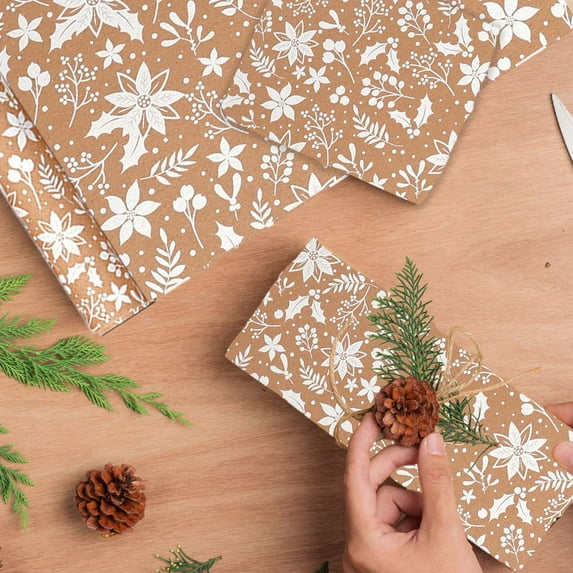 Lilgiuy Christmas Wrapping Paper, Large Size Roll Versatile Kraft Paper, Khaki Christmas Design for Holiday Gift Wrap, 16.93x118.11 in