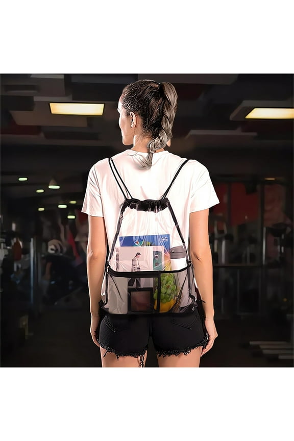 Clear Drawstring Backpack, Travel Water Proof Storage Transparent Toiletry Bag Drawstring Beach Bag Sports Dirty Clothes Storage Backpack, Black, 18.89"×15.74"×1.96"