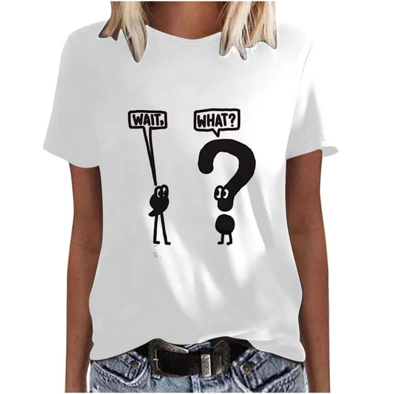 Lilgiuy Clearance under 10$ Wait, What? T-Shirt for Women Cute Comma and Question Mark Graphic Tees Casual Slim Fit Short Sleeve Round Neck Tops White