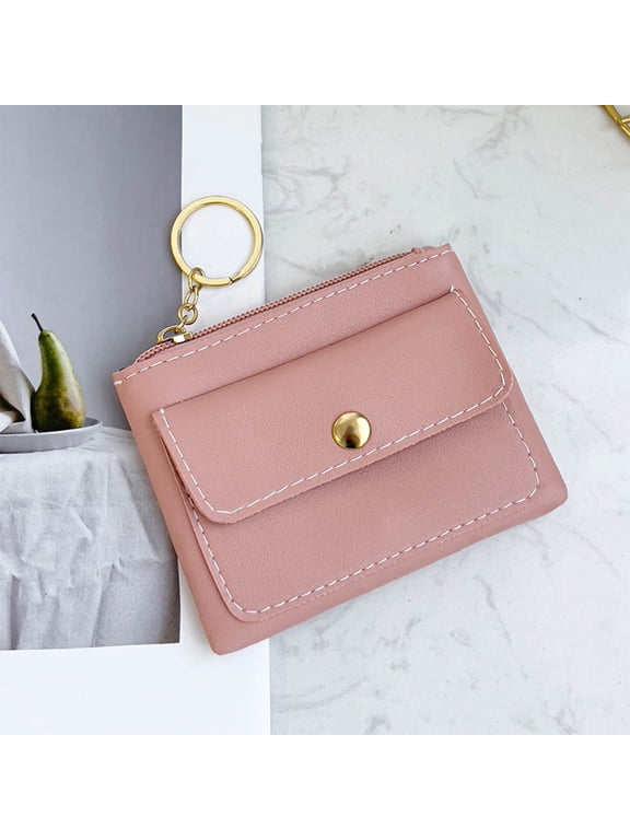 Clearance under $5 Leather Coin Purse Pouch Change Card Holder Wallet with Keychain Birthday Anniversary Gifts for Your Friends and Family (Pink)