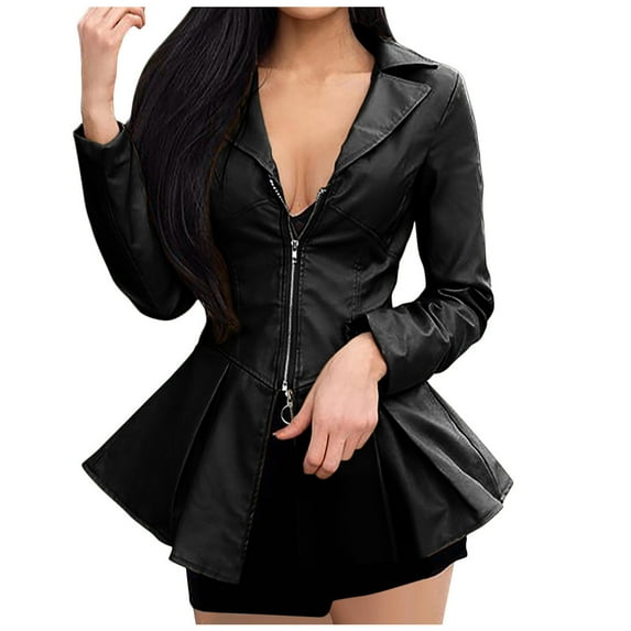 Lilgiuy Clearance under 5$ Women PU Leather Mini Teddy Jacket Motorcycle Bike Coat V Neck Zipper Tops High Waist Ruffle Hem Club Outerwear