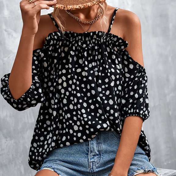 Lilgiuy Cold Shoulder T Shirts For Women Hollow Out Short Sleeve Blouse Summer Suspenders Graphic Tee Loose Fit Tops Fall Fashion 2022 Spring Winter