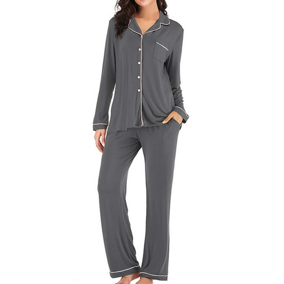 Lilgiuy Comfy Pajamas for Women Casual Solid Color Single-breasted Pajamas Autumn Winter Long Sleeve Pajama Pants Homewear Set for Date Night Honeymoon