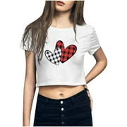 Lilgiuy Cute Crop Tops for Teen Girls Classic Leopard Plaid Heart Graphic Tees Summer Short Sleeve Y2K Shirt Casual Comfy Tops