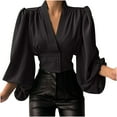 thumbnail image 1 of Lilgiuy Discount Womens Lantern Sleeve Victorian Blouse Puff Long Sleeve Shirts V Neck Crop Tops High Waist Pullover Blazer Tee, 1 of 7
