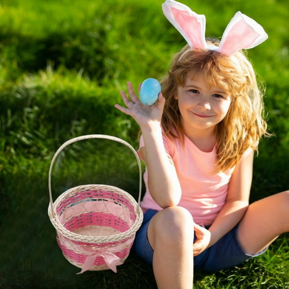 Lilgiuy Easter Basket, Woven Plastic Storage Basket with Handle, Cute Easter Gift Basket with Ribbon Bow, Round Small Woven Basket, Easter Decorations Egg Candy Storage Basket, Pink