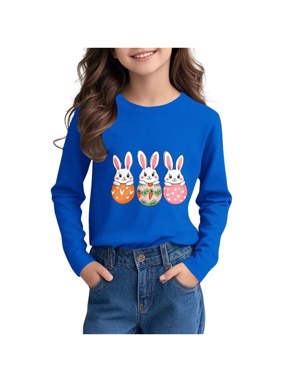 Easter Bunny Shirt for Toddler Girls Boys Eggs Cute Rabbit Long Sleeve Round Neck Pullover Lightweight T-Shirts Kids Spring Tees for Egg Hunts and Easter Festivitie (Blue,14-15 Years)