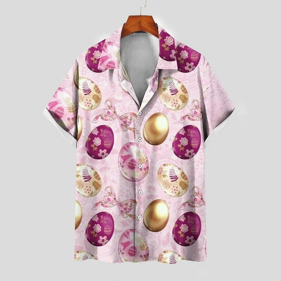 Lilgiuy Easter Day Shirt for Men Casual Easter Eggs Graphic Short Sleeve Lapel Collar Button Down Beach Hawaiian Vacation Shirt(Purple,3XL)