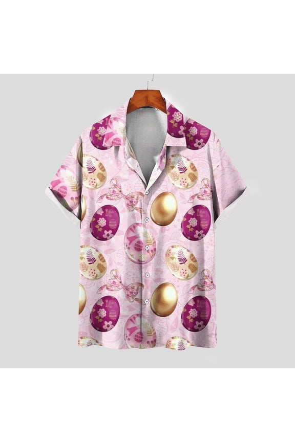 Easter Day Shirt for Men Casual Easter Eggs Graphic Short Sleeve Lapel Collar Button Down Beach Hawaiian Vacation Shirt(Purple,3XL)