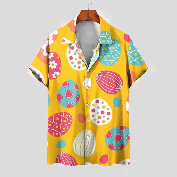 Lilgiuy Easter Day Shirt for Men Casual Easter Eggs Graphic Short Sleeve Lapel Collar Button Down Beach Hawaiian Vacation Shirt(Yellow,2XL)