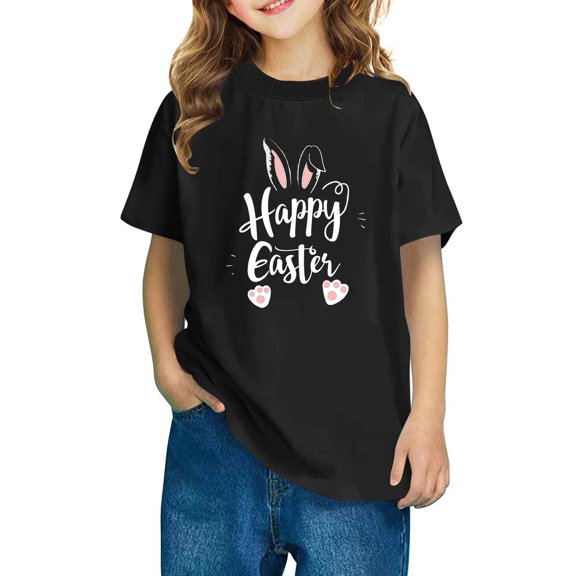 Lilgiuy Easter Outfits for Toddler Girls Short Sleeve Bunny Tee Tops Baby Boys Spring Gifts T-Shirts School for Beach Holiday Birthday Party (Black,5-6 Years)