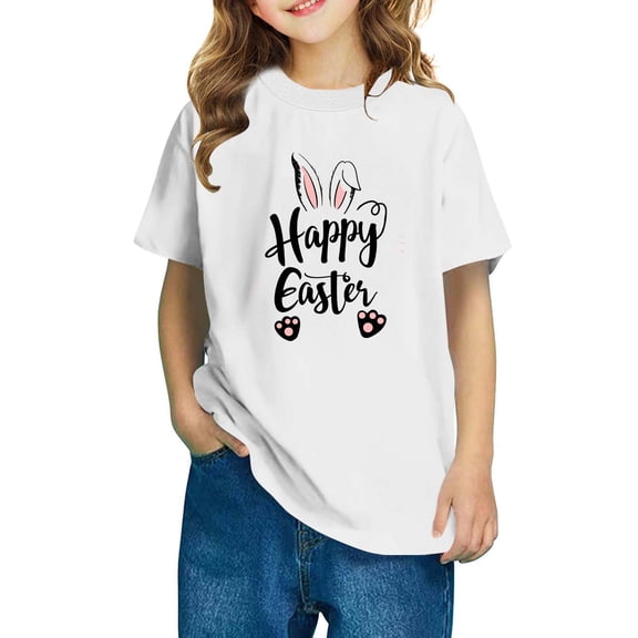 Lilgiuy Easter Outfits for Toddler Girls Short Sleeve Bunny Tee Tops Baby Boys Spring Gifts T-Shirts School for Beach Holiday Birthday Party (White,5-6 Years)