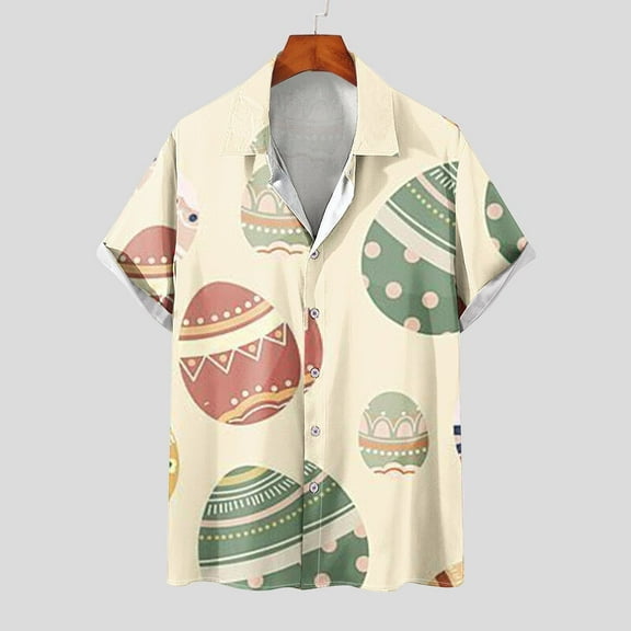 Lilgiuy Easter Shirt for Men Summer Beach Casual Easter Eggs Graphic Short Sleeve Button Down Hawaiian Shirts for Outdoor Activities (Beige,M)