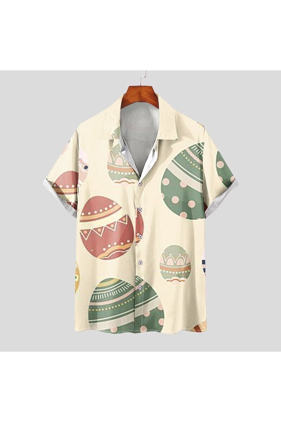 Easter Shirt for Men Summer Beach Casual Easter Eggs Graphic Short Sleeve Button Down Hawaiian Shirts for Outdoor Activities (Beige,XL)
