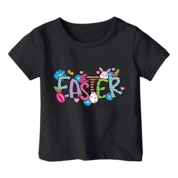 Lilgiuy Easter Shirts for Toddler Girls Boys Cute Bunny T-Shirt Graphic Tees Kids Rabbit Tops Egg Hunts Easter Day Gift for Your Son, Daughter, Grandchildren (Black,7-8 Years)