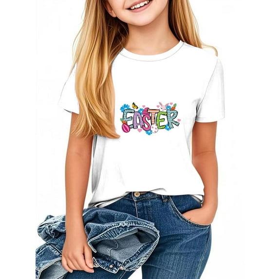Lilgiuy Easter Shirts for Toddler Girls Boys Cute Bunny T-Shirt Graphic Tees Kids Rabbit Tops Egg Hunts Easter Day Gift for Your Son, Daughter, Grandchildren (White,5-6 Years)