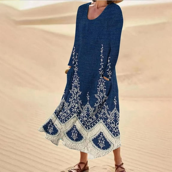 Lilgiuy Fall Clothes for Women 2023 Casual Long Sleeve Crewneck Beach Dresses Loose Fit Printed Tunic Dresses with Pockets for for Travel Vacation