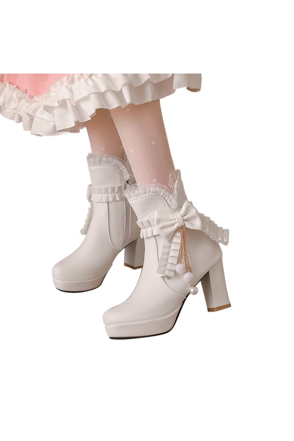 Fall Winter Lace Bow Bow Tassel Beaded Lorita Decor Chunky Heels Ankle Boots for Women