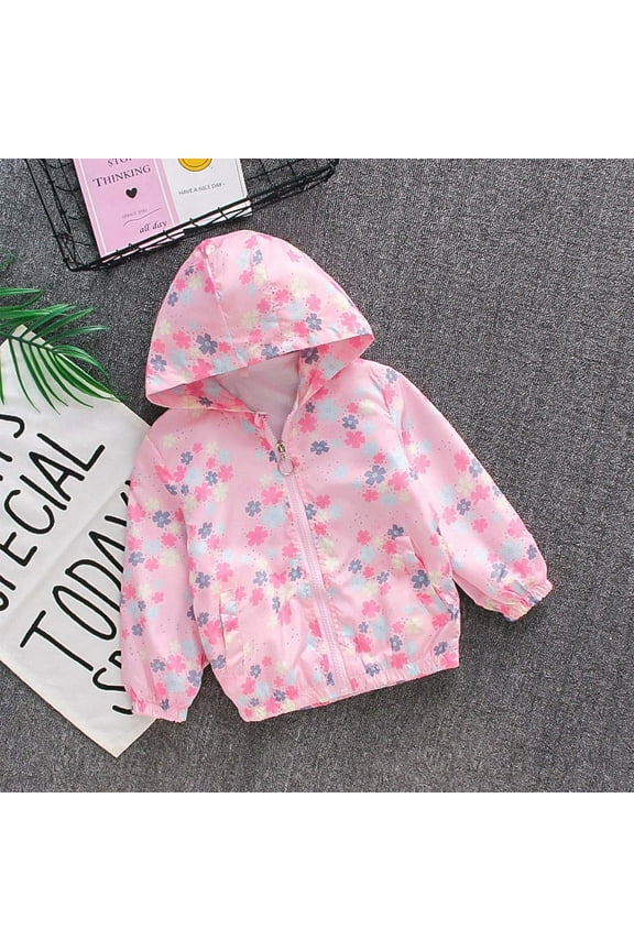 Fashion Girls Boys Rain Jacket Casual Solid Color Long Sleeve Windproof Floral Printed Coats Zipper Hooded Coat Birthday Gifts for Your Kids(Pink,7-8 Years)