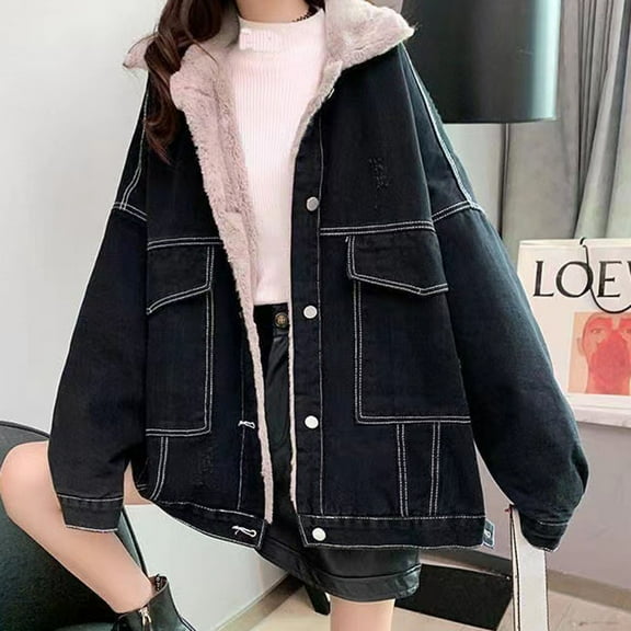 Lilgiuy Fashion Women Casual Cowboy Pockets Long Sleeve Thickened Tops Jacket Coat for Dating Shopping