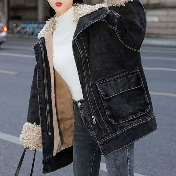 Lilgiuy Fashion Women Casual Cowboy Pockets Long Sleeve Thickened Tops Jacket Coat for School College