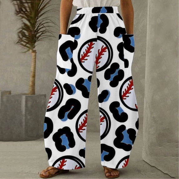 Lilgiuy Fashion Women Comfortable Baseball Printed Color Drawstring Leisure Pants Pockets Loose Pants for Hiking Biker Golf