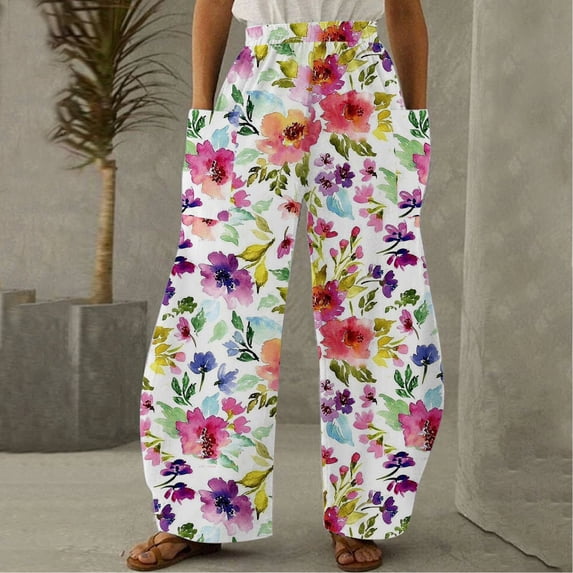 Lilgiuy Fashion Women Comfortable Printed Color Drawstring Leisure Pants Pockets Loose Pants All Around Tummy Control Pants